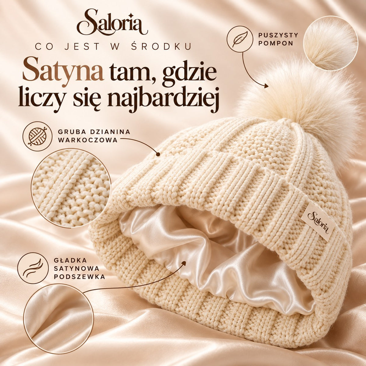 Satynowa podszewka w środku czapki